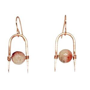 Amber Agate Gemstone Bead Copper Arch Dangle Earrings Handmade Boho Drop